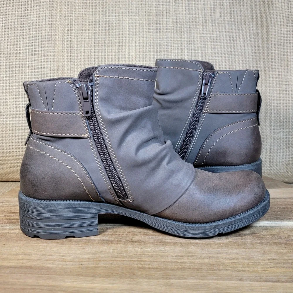 Earth Origins Ankle Boots Raveen Buckle Side Zip Comfort Moto Brown Women Size 6